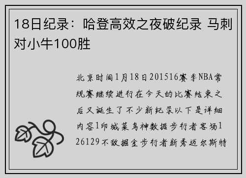 18日纪录：哈登高效之夜破纪录 马刺对小牛100胜
